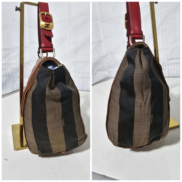 Fendi Silvana Bag Leather with Pequin Striped Canvas Brown - Picture 7 of 12